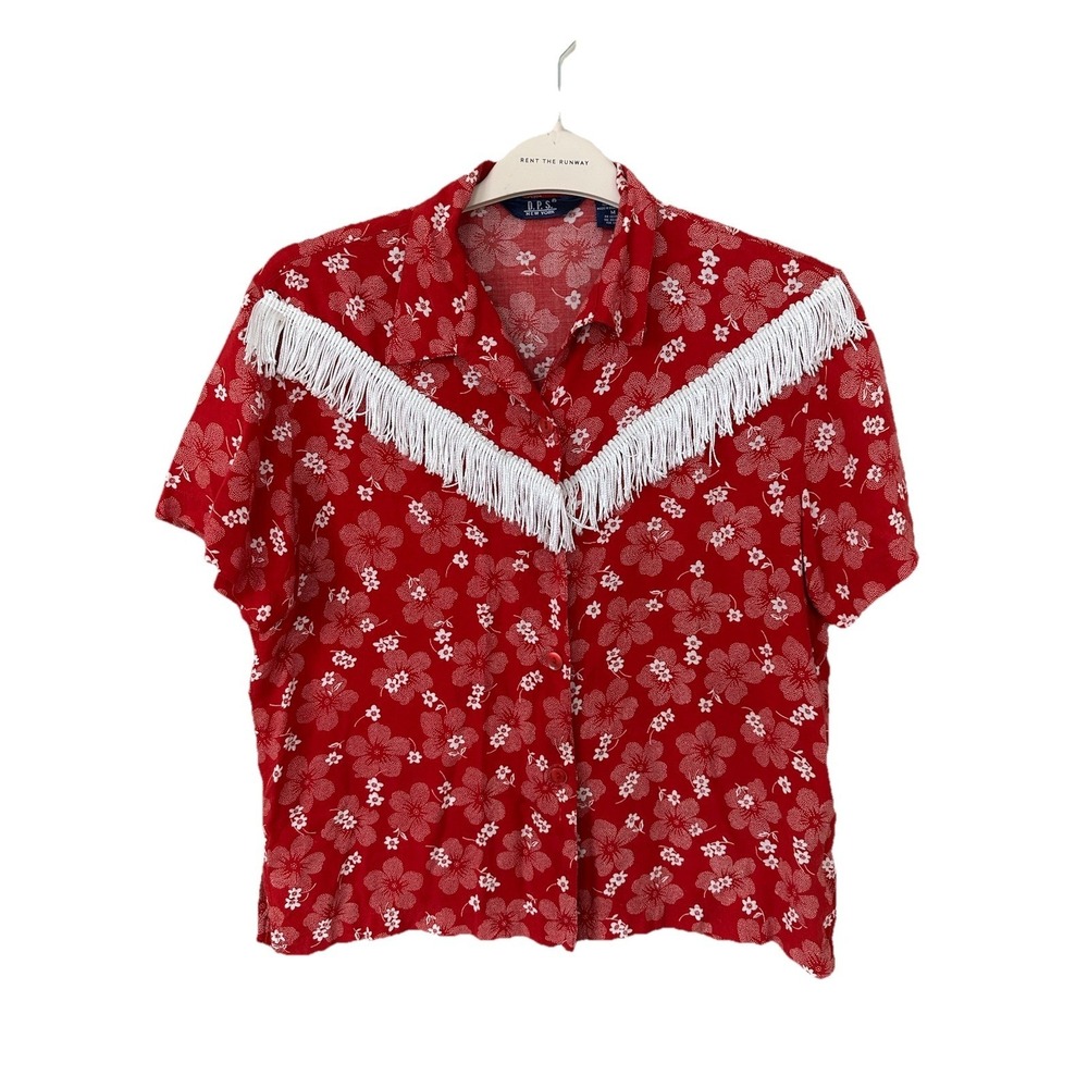 VTG Womens Fringe Western Rodeo Short Sleeve Barrel Race Red Floral Shirt Top